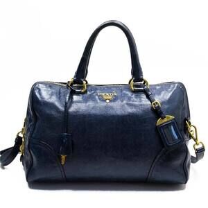 Prada handbag shoulder bag Navy Blue gold leather classic favorite